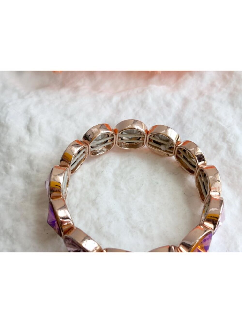 Monet Designer Signed Gold Toned Pink & Orange Rhinestone Stretchy Link Bracelet - Picture 4 of 12